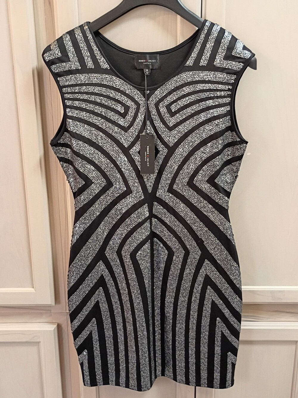 BCBGMaxAzria Black and Silver Geometric Sheath Mini Dress